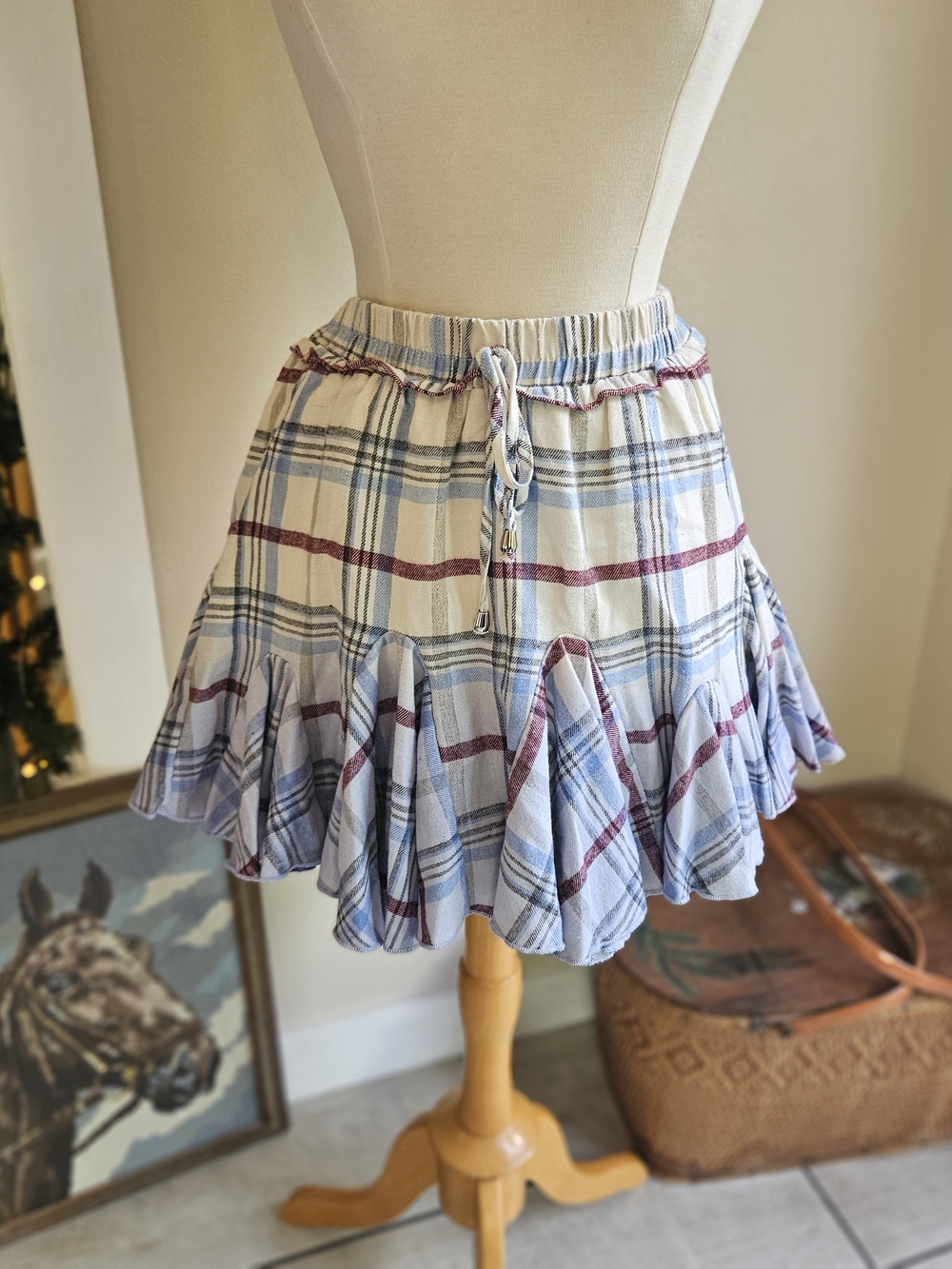 Plaid Drawstring Circle Skirt in Light Blue and Burgundy